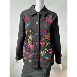White Stag Womens Denim Jacket Coat Black Floral Button Up Embroidered S New